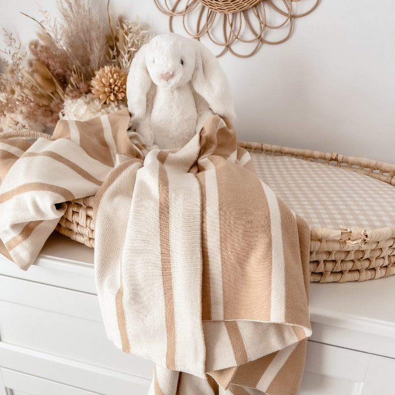 Mumma-sized Toffee Stripe Knit Blanket - Luxurious and Organic Available in Canada