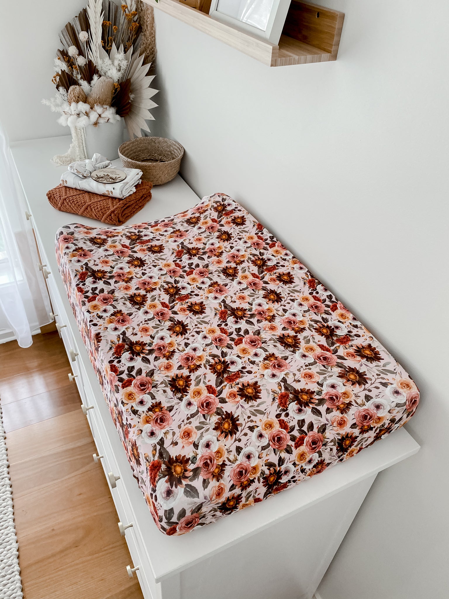 Premium Cotton Bassinet cover that doubles as a change mat cover in a gorgeous floral print and made from jersey stretch fabric.