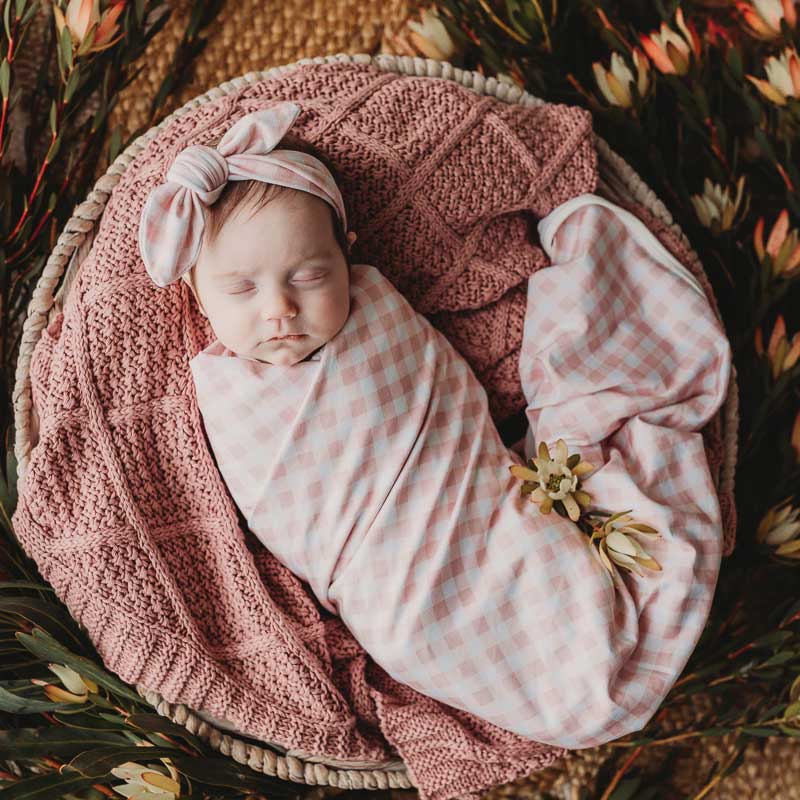 Peachy Pink Gingham Jersey Swaddle Wrap & Top Knot