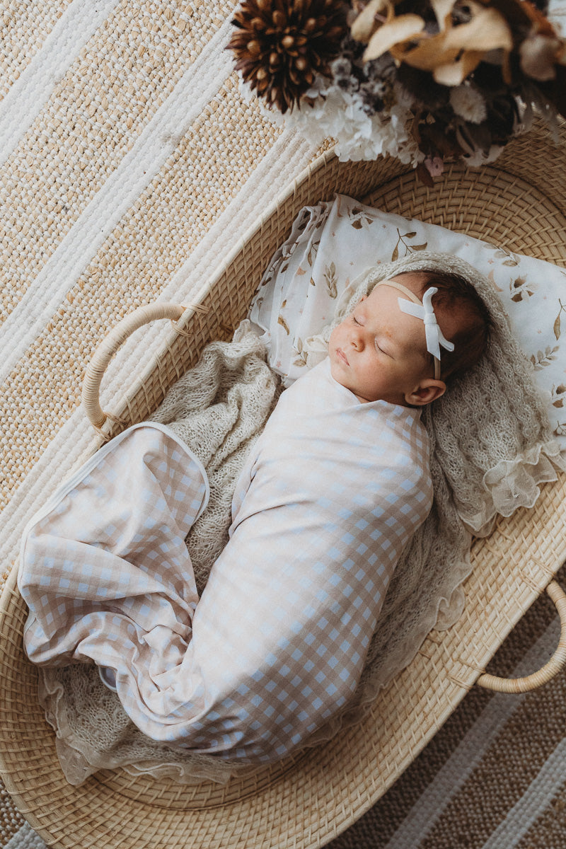 Sand Gingham Jersey Swaddle Wrap & Beanie