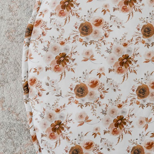 Over head shot of a floral play mat set out on the floor 